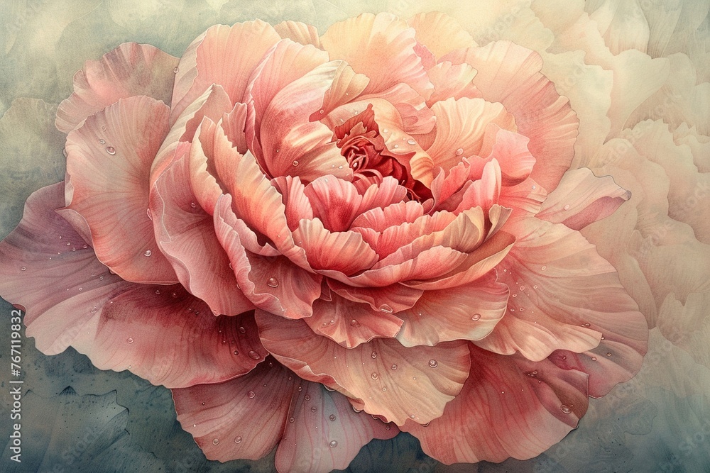 Closeup of a single peony in watercolor pastel delicate blush pink petals glistening with morning dew bathed in the ethereal glow of the rising sun symbolizing freshness and new beginnings Closeup of a single peony in watercolor pastel delicate blush pink petals glistening with morning dew bathed in the ethereal glow of the rising sun symbolizing freshness and new beginnings