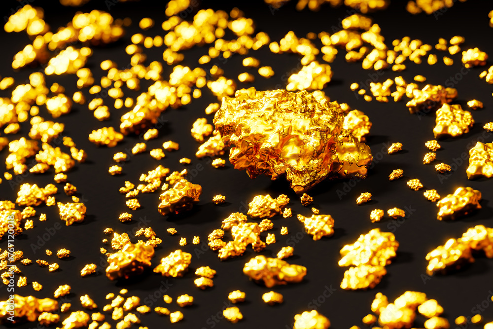 Glistening Pure Gold Nuggets Scattered Elegantly on a Sleek Black Surface