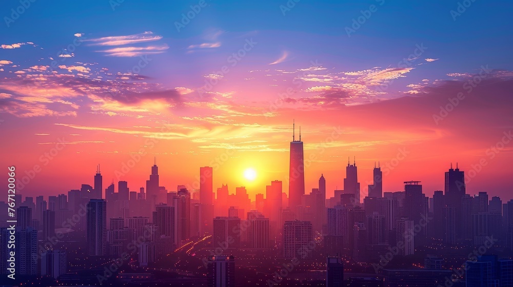 Skyline: A silhouette of a city skyline at dusk