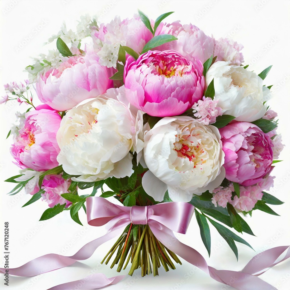 Obraz premium Bukiet ślubny z różowych piwonii na białym tle