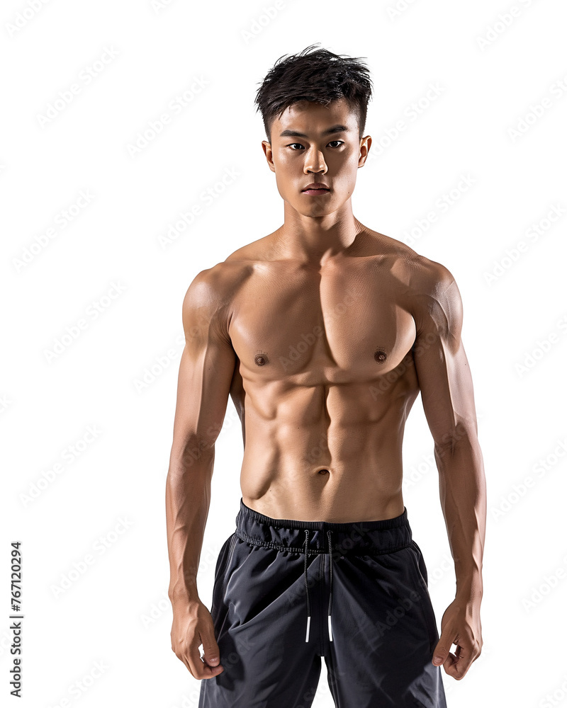 Fototapeta premium Fit Muscular Asian Man in Sweatpants Isolated on Transparent Background