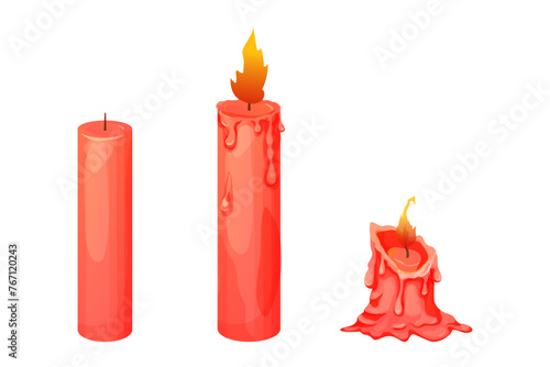 Set red wax candle stages burning with fire, flame isolated on white background. Animation objects