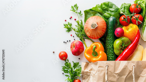 vegetables on kitchen table from a shopping paper bag  bell paper  tomato  onion  cucumber and lettuce 