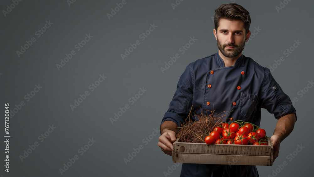 A modern chef poses with a rustic crate of tomatoes accompanied by straw, representing a blend of tradition and contemporary cuisine