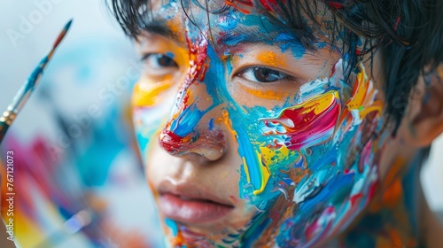 Young artist painting with vibrant colors, creating abstract masterpiece