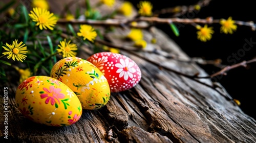 Three colorful easter eggs sit on a wooden table with yellow flowers