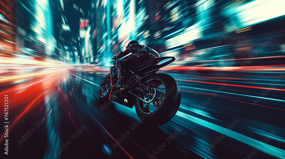 Speed-blur effect of a motorcycle racing through an illuminated city at night