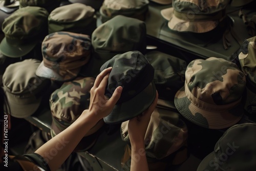 person selecting from military caps and hats