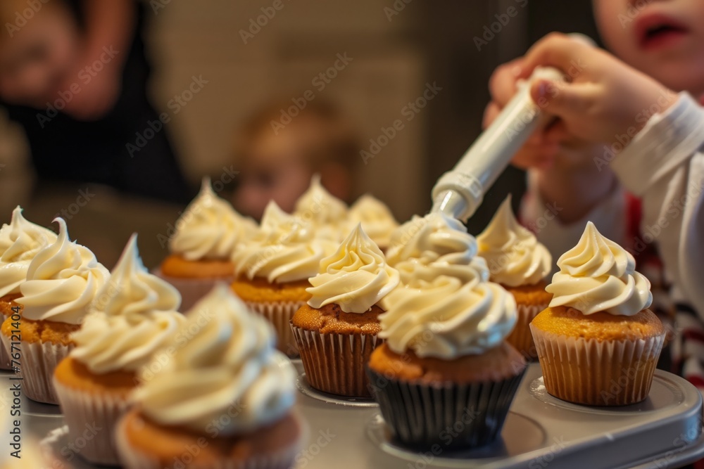 child watching as mother pipes icing on a batch of cupcakes