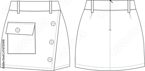 with pocket buttoned zippered mini skirt jean denim template technical drawing flat sketch cad mockup fashion woman design style model
