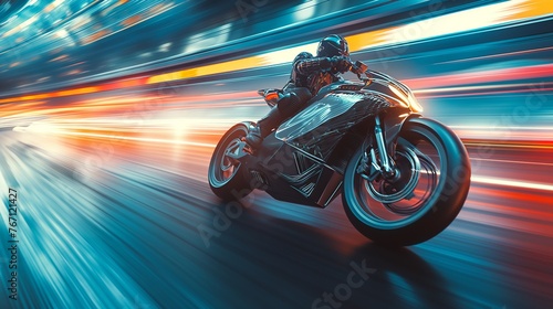 Speed-blur effect of a motorcycle racing through an illuminated city at night photo
