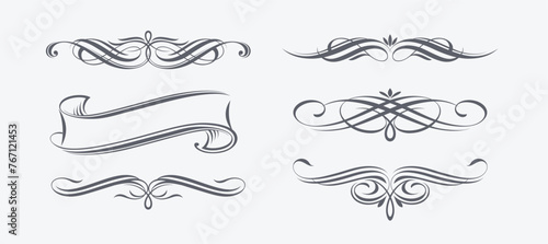 Set of page decorations design elements. Calligraphic flourishes elegant ornamental dividers. Vector illustration.
