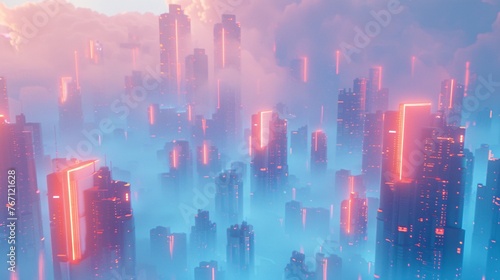  a blue abstract background with tall buildings in a cloud punk style. This is the first version designed in Blender, featuring a simple background with light red and orange hues