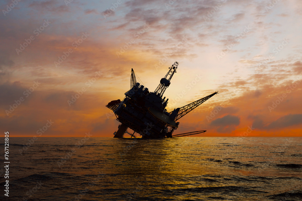 Sinking Oil Rig Against Fiery Sunset on the Ocean Horizon - Environmental Impact