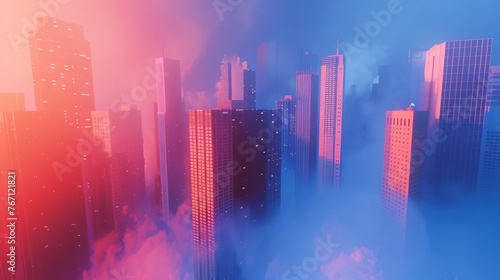  a blue abstract background with tall buildings in a cloud punk style. This is the first version designed in Blender, featuring a simple background with light red and orange hues