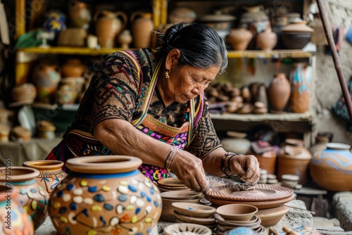 A woman focused on shaping clay into pottery pieces in a busy pottery shop filled with tools and finished products