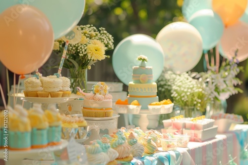 A table topped with a variety of cakes and cupcakes  perfect for a baby shower celebration