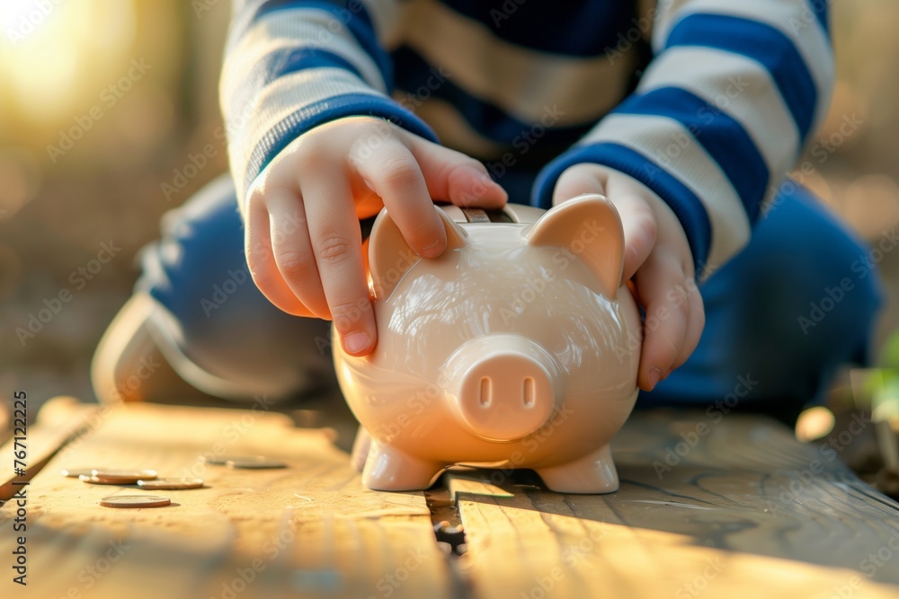 kid placing allowance into piggy bank on a sunny day - obrazy, fototapety, plakaty 