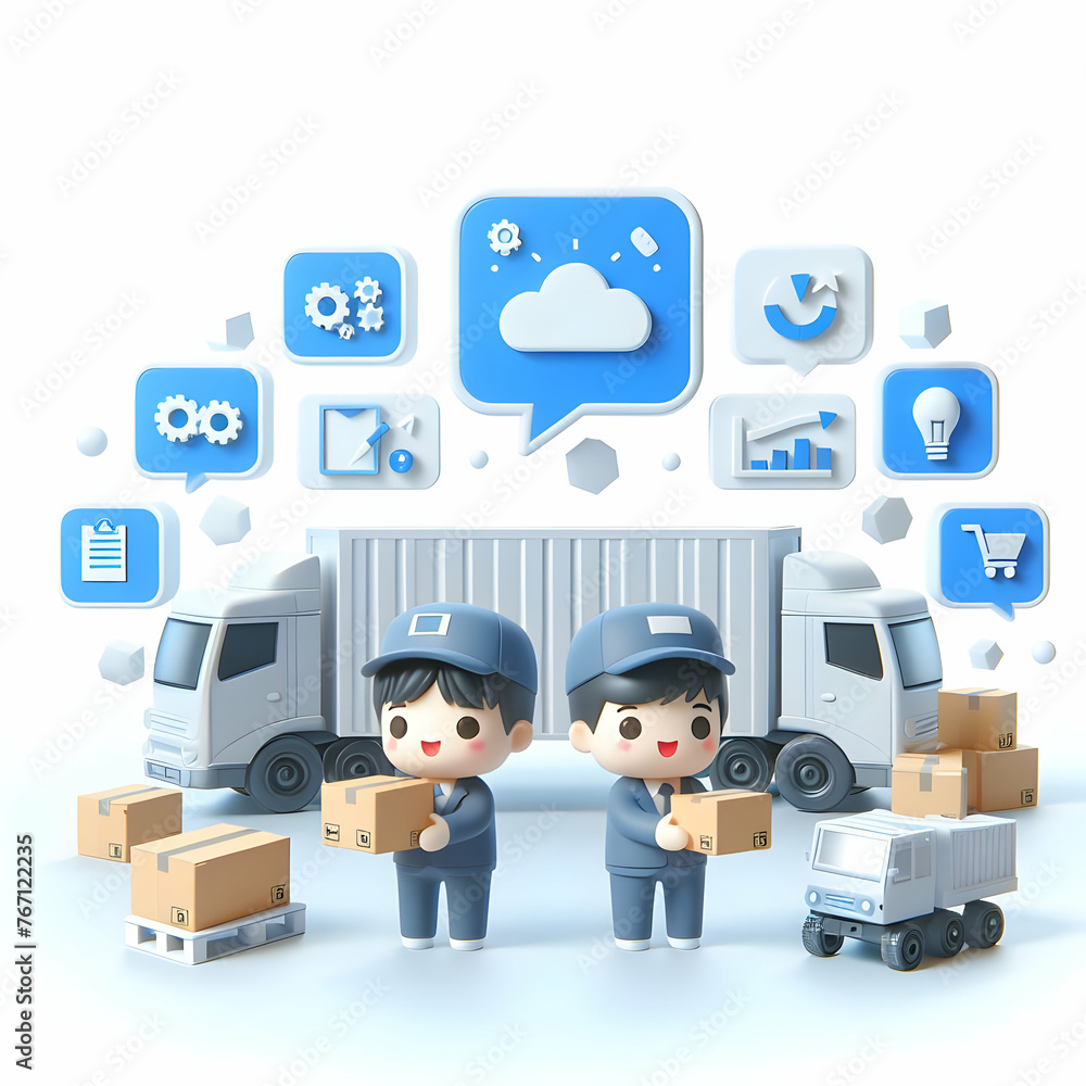 3D flat cute chibi icon for Logistics Data Analytics for Supply Chain Insights in Digital innovation abstract theme with isolated white background ,Full depth of field, high quality ,include copy spac 3D flat cute chibi icon for Logistics Data Analytics for Supply Chain Insights in Digital innovation abstract theme with isolated white background ,Full depth of field, high quality ,include copy spac