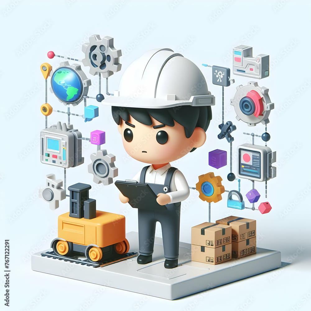3D flat cute chibi icon for Logistics Engineer Designing Automated Systems in Digital innovation abstract theme with isolated white background ,Full depth of field, high quality ,include copy space, N 3D flat cute chibi icon for Logistics Engineer Designing Automated Systems in Digital innovation abstract theme with isolated white background ,Full depth of field, high quality ,include copy space, N