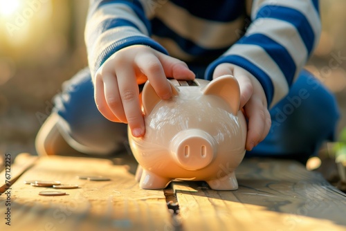 kid placing allowance into piggy bank on a sunny day