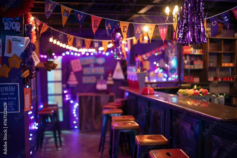 A bar adorned with festive lights and colorful decorations creating a vibrant atmosphere for a graduation party celebration