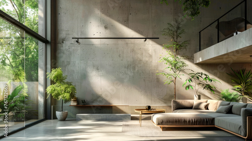 Loft-style interior design in the modern living room of the villa.
