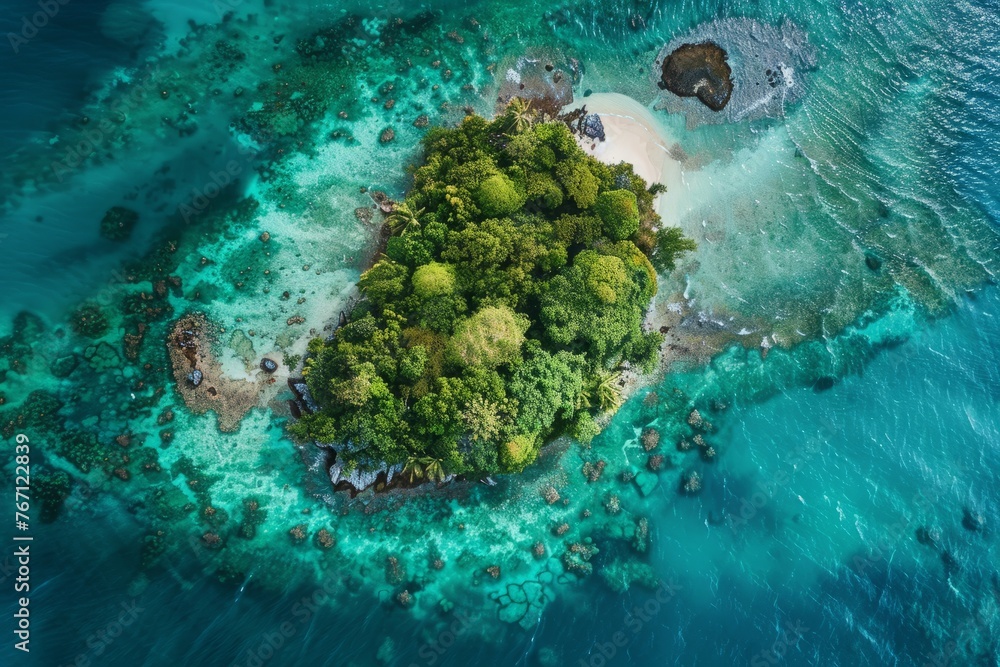 Aerial view of a small island surrounded by vast ocean waters