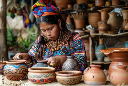 A woman is seated at a table, concentrating on shaping clay pottery with her hands