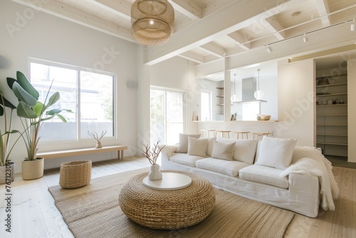 A minimalist living room featuring a white couch and a coffee table, showcasing clean lines and neutral colors