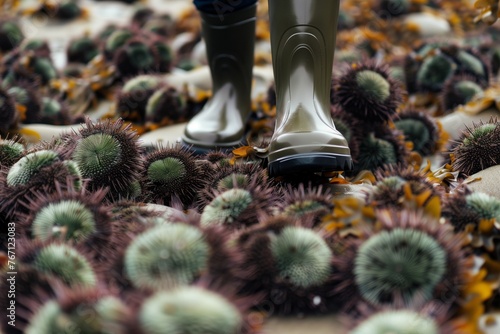 person in rubber boots walking carefully among sea urchins at low tide