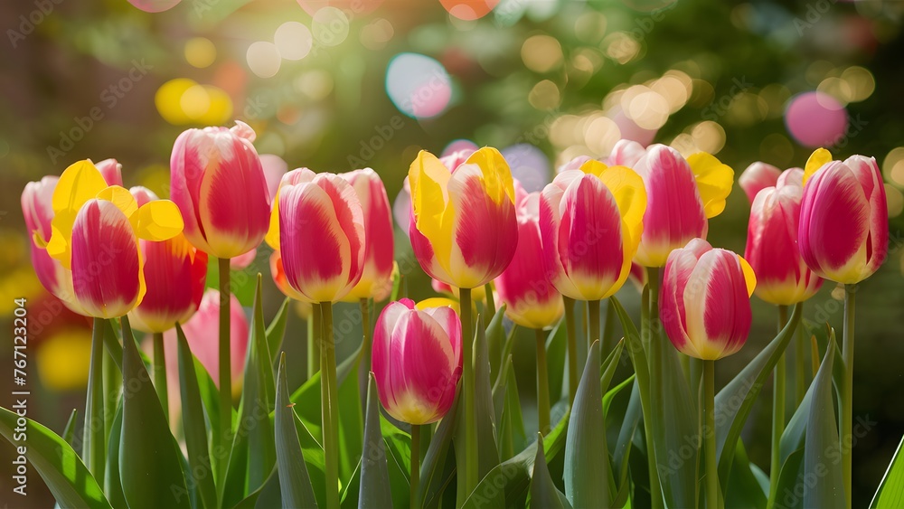 Fototapeta premium Bright spring tulips create floral background with captivating bokeh