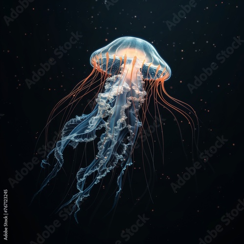 Ethereal jellyfish floating in darkness, their bioluminescent bodies casting a neon glow
