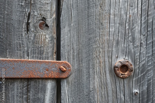 A closeup view of a rusted metal handle on a weathered wooden door