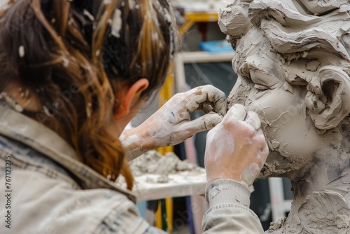 A woman is focused on crafting a sculpture in a studio, using clay or wood as materials for her artistic creation © Ilia Nesolenyi