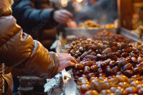 A close up view of a tray filled with seasonal treats like roasted chestnuts and gingerbread on a table