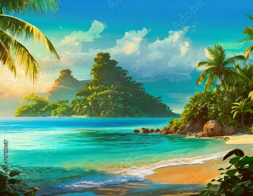 Painting style illustration of beautiful peaceful tropical ocean lagoon banner background