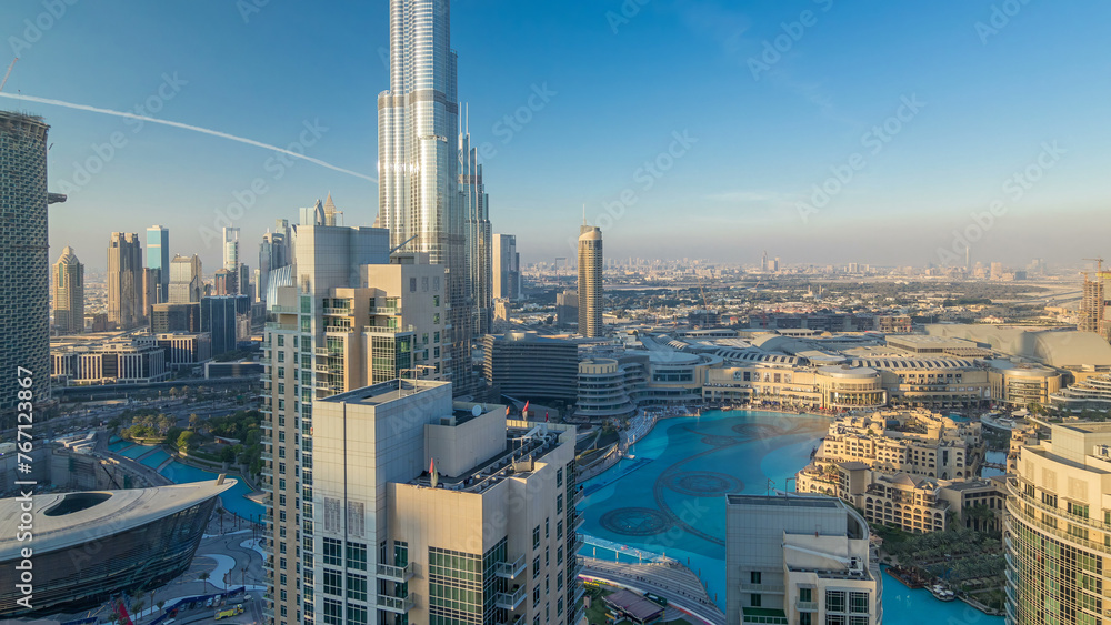 Dubai downtown in the evening timelapse in bright yellow sunset light