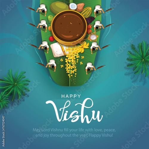 Happy Vishu greetings. April 14 Kerala festival with Vishu Kani, vishu flower Fruits and vegetables in a bronze vessel. abstract vector illustration design