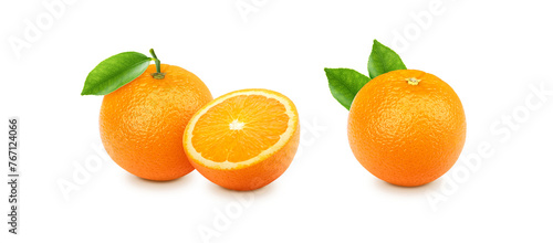 Orange fruit and Orange sliced with green leaves, transparent background