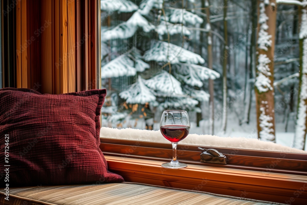 cozy window nook with wine and snow outside - obrazy, fototapety, plakaty 