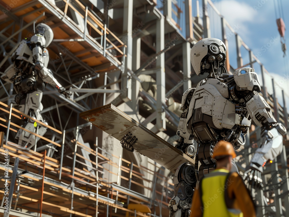 Humanoid robots and construction workers collaborate on a bustling site, deftly maneuvering steel beams amid scaffolding under the bright midday sun, symbolizing technological synergy.