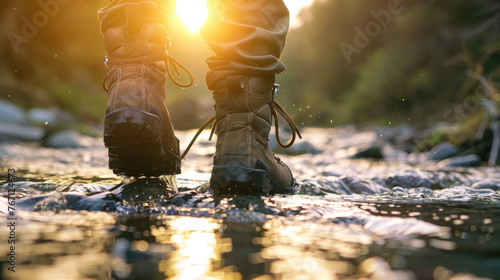 Close-Up of Hiking Boots Walking Through River