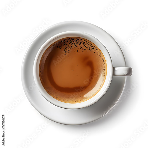 Top View of Fresh Coffee in White Cup Isolated on White Background