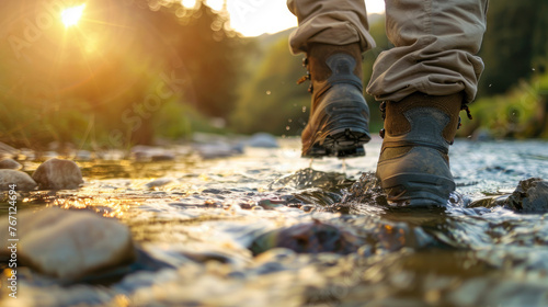 Close-Up of Hiking Boots Walking Through River © didiksaputra