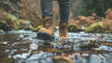 Close-Up of Hiking Boots Walking Through River