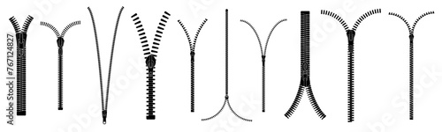 Zipper. Closed and open zip set. Vector