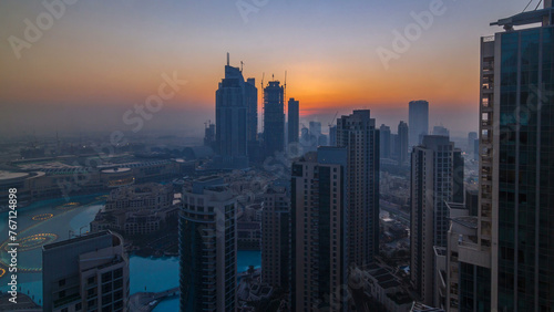 Foggy morning sunrise in downtown of Dubai timelapse.