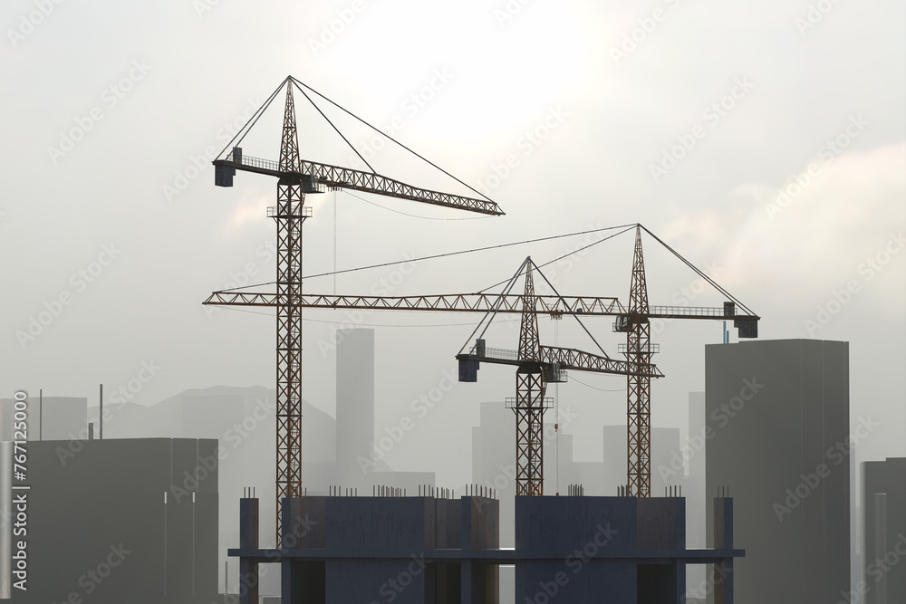 Dawn Over Unfinished Skyscrapers: Silhouettes of Construction Cranes Dawn Over Unfinished Skyscrapers: Silhouettes of Construction Cranes