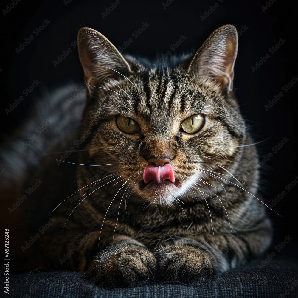 Playful tabby cat sticking out its tongue against a dark background with copy space for text Playful tabby cat sticking out its tongue against a dark background with copy space for text